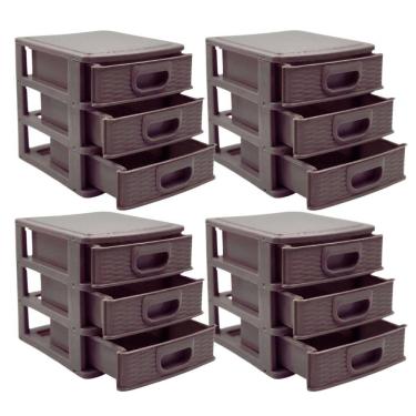 Imagem de Kit 4 Gaveteiro Organizador De Mesa 3 Gavetas Textura Marrom