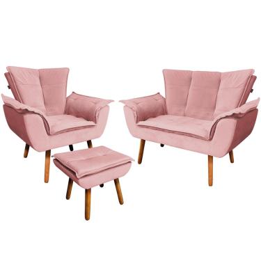 Imagem de Conjunto Poltrona Puff e Namoradeira Pés Palito Charger Suede Rosê - Gran Belo