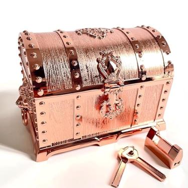 Imagem de KiteStar Grande baú de joias de metal retrô de camada dupla, estilo pirata, caixa de tesouro em relevo de cabeça de leão com cadeado para armazenamento de joias femininas (ouro rosa)