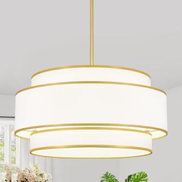 Imagem de Lustre de tambor de 40 cm para sala de jantar, lustre de tecido branco moderno de 3 andares, luzes pendentes douradas escovadas, iluminação de ilha de cozinha, lustres de fazenda para sala de estar