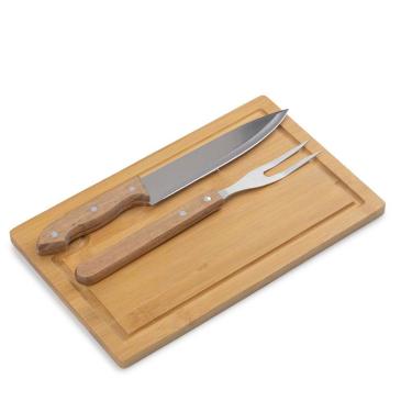 Imagem de Kit Churrasco Premium com Tábua de Bambu, Faca e Garfo em Aço Inox, Cabo de Madeira, 31,7 cm, 3 Peças