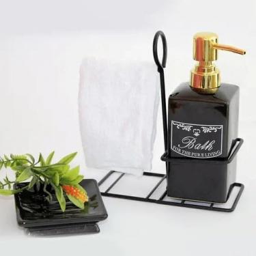 Imagem de Kit Lavabo Banheiro Porcelana Com Suporte E Toalha Preto