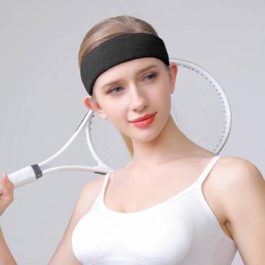 Imagem de Faixa de cabeça esportiva para homens e mulheres – Faixa de suor atlética de algodão felpudo para tênis, basquete, corrida, academia, malhar (preto)