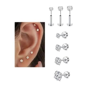 Imagem de Brinco de cartilagem de ouro prateado para mulheres, brincos sem fio, hipoalergênicos, tragus, concha, cartilagem, hélice, joias, 20 g, brincos de segundo furo plano para mulheres, conjunto de pilhas