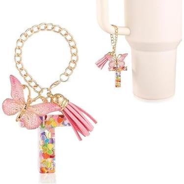 Imagem de Acessórios de copo com pingente de letra, decoração de copo de alfabeto fofo com alça de caneca, pingentes de decoração com borboleta, para Stanley Tumblers, presente feminino e feminino (T)