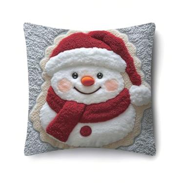 Imagem de 1 capa de almofada com estampa de boneco de neve de Natal, fecho de zíper de fita de poliéster, lavável na máquina, adequada para decoração de casa festiva e sazonal.
