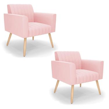 Imagem de Kit 2 Poltronas Viena Gomada Suede Pés Palito Natural - D'rossi Cor Rosa Bebê
