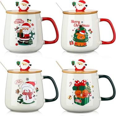 Imagem de Yaomiao 4 peças Canecas de Natal com tampa e colher de madeira 473 ml Caneca de café de cerâmica de Natal fofa caixa de presente de árvore festiva canecas de presente de Papai Noel boneco de neve para