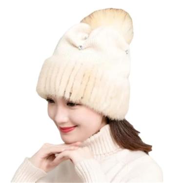 Imagem de Chapéu feminino de inverno de malha de lã doce casual de vison chapéu elástico elegante boina bege