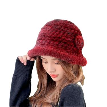Imagem de Chapéu feminino de pele de inverno feminino doce bacia mujer quente streetwear flores tricotado chapéu pescador, Vermelho, tamanho �nico