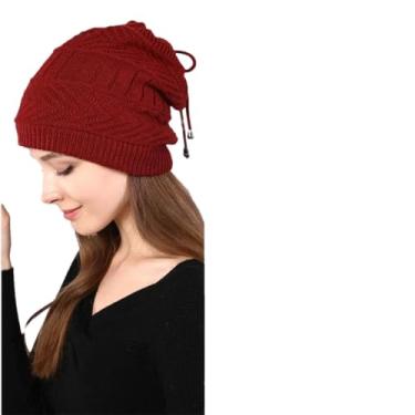 Imagem de Gorro feminino de malha elástica sólido cachecol quente para inverno, Vinho tinto, tamanho �nico
