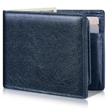 Imagem de Artpaxy Carteira masculina dobrável de couro legítimo com bloqueio RFID, Azul marinho, Clássico