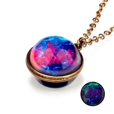 Imagem de swglcowo Colar com pingente de vidro do sistema solar, feito à mão, exclusivo, bola de cristal de dois lados, universo terrestre, galáxia, guardião, estrela, planeta, nebulosa, colar para mulheres