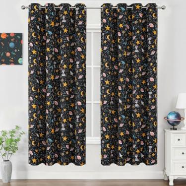 Imagem de Estelar Textiler Cortinas blecaute Magic Galaxy Unicorn 182 cm de comprimento para sala de estar, estampa de lua de foguete de desenho animado preto para sala de jogos infantil, 132 x 182 cm, 2