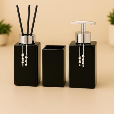 Imagem de Kit Banheiro Luxo Square – Sabonete Líquido, Difusor Aromatizante e Porta Escova de Vidro Decorativo 250ml (Preto Total C/Prata)