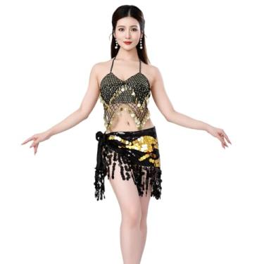 Imagem de Jormino Conjunto de fantasia de dança do ventre, cachecol de quadril com top, sutiã com franjas de lantejoulas e saia para apresentações de palco, Preto, One Size