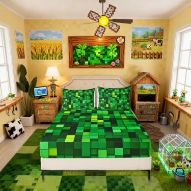 Imagem de Pixelated Blocks Jogo de lençol solteiro, lençol com elástico para meninos e meninas, decoração de quarto geométrico, quadriculado geométrico, jogo de cama verde, 1 fronha (sem plana)
