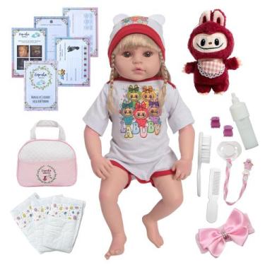 Imagem de Bebe Reborn Realista Loira Olho Castanho Com Labubu Bolsa - Cegonha Re