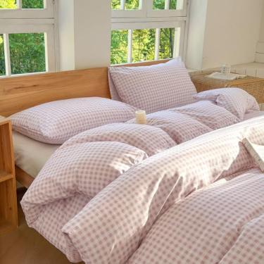 Imagem de NSNLGSGC Conjunto de capa de edredom queen com grade de guingão rosa, 100% algodão lavado, xadrez, ultramacio, leve (3 peças, Queen)