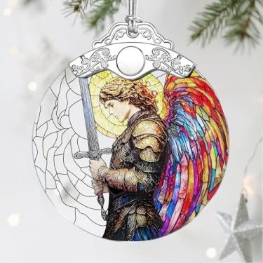 Imagem de Enfeite de vitral de Arcanjo Miguel - Enfeites de Natal | Decorações de Natal para árvore | Decoração de anjo guerreiro - Presentes cristãos | Presentes fiéis | Presente religioso