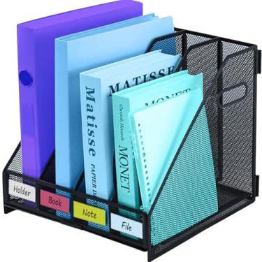 Imagem de TSDRBWO Suporte de arquivo de revista de malha de metal, 4 compartimentos verticais para documentos de mesa com alça, rack de armazenamento de arquivos de escritório para arrumar a mesa, organizador