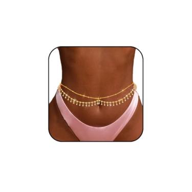 Imagem de Bounzhi Corrente de barriga dourada com strass, corrente de cintura banhada, corrente de cintura em camadas, cintura corporal, verão, praia, biquíni, joia para mulheres, Free Size, Liga metálica, Sem