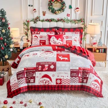 Imagem de Conjunto de capa de edredom de Natal Queen com Papai Noel vermelho preto xadrez, conjunto de cama de férias inclui 1 capa de edredom e 2 fronhas, perfeito