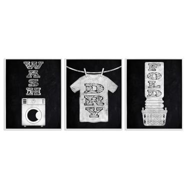 Imagem de Stupell Industries Conjunto de arte giclée emoldurado preto de 3 peças com letras ornamentadas Wash & Dry, design de Marcus Prime, 14 x 11