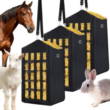 Imagem de Eforcase 3 sacos de feno para cavalos, sacos de feno de alimentação lenta para cabras, ovelhas, burros, bolsa de alimentação Oxford premium com design de redes frontais, fácil de encher, ajustável