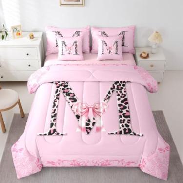 Imagem de Feelyou Conjunto de edredom com letra M, 7 peças, solteiro, estampa de leopardo, para crianças, meninos, meninas, alfabeto, decoração de quarto, microfibra macia e respirável