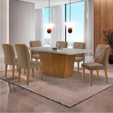 Imagem de Mesa Sala De Jantar Aida 180cm E 6 Cadeiras Melissa Moderna Veludo Capuccino Off White Imbuia