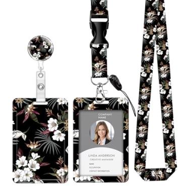 Imagem de Cordão retrátil para crachá de identificação com clipe e chaveiro, ajustável, bonito carretel de separação, durável, perfeito para mulheres enfermeiras, professoras, trabalhadoras de escritório (flor