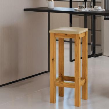 Imagem de Banqueta De Madeira Maciça Alta Mel Assento Estofado Corano Bege Mel