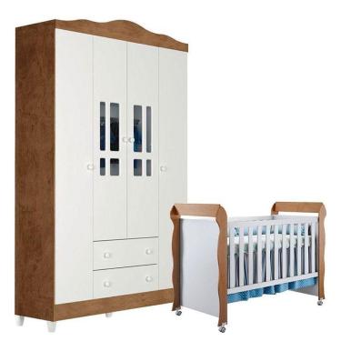 Imagem de Berço Americano Mirelle E Guarda Roupa Ariel 4 Portas Branco Acetinado Amadeirado - Carolina