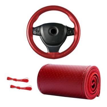Imagem de MUQIDA Capa de volante de couro genuíno, capa de volante com costura respirável de 38 cm antiderrapante, protetor de costura DIY com linha de agulha (vermelho, orifício completo)