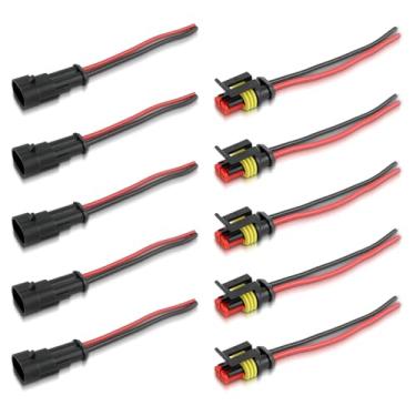 Imagem de Motoall 5 kits 2 pinos Way 16 AWG conector à prova d'água macho e fêmea tomada arame de porco arnês de arame de arame de chumbo de 1,5 mm série terminal preto para carro caminhão barco motocicleta scooter Quad Bike Marine
