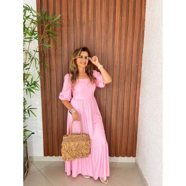 Imagem de Vestido Midi Manga Bufante Lastex Costa Decote Quadrado