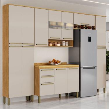 Imagem de Armário de Cozinha com Balcão e Tampo 13 Portas 2 Gavetas Xangai Slim 100% Mdf Vidro Reflecta Amêndoa/Off White - Pnr Móveis