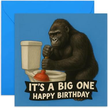 Imagem de Cartões de aniversário masculinos divertidos, It's a Big One Gorilla on Toilet Design, For Husband Brother Uncle Dad Grandad Grandson - Quadrado, em branco por dentro com envelope premium