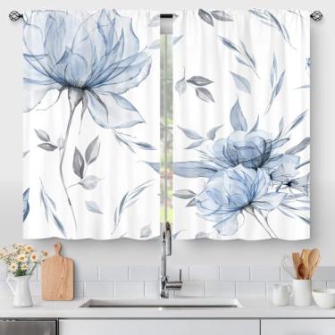 Imagem de Cortinas de cozinha florais em aquarela azul cinza, folhas de flores, arte estética minimalista, pequenas cortinas curtas para janela de café sobre a pia, decoração de sala de jantar, cortinas com