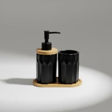 Imagem de Kit Banheiro Lavabo Luxo multifuncional com dispenser de sabonete líquido, porta-escovas e bandeja de bambu. (Preto)
