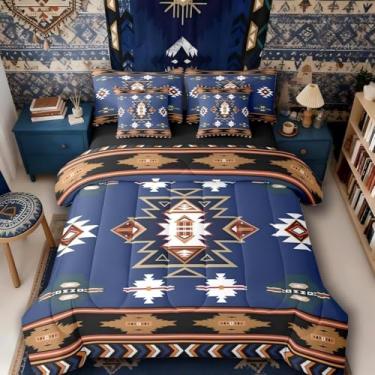 Imagem de Erosebridal Conjunto de edredom King Size Western Bed in a Bag 7 peças | Conjunto de cama geométrico boêmio com edredom e lençol asteca, conjunto de cama com flecha tribal étnica, azul