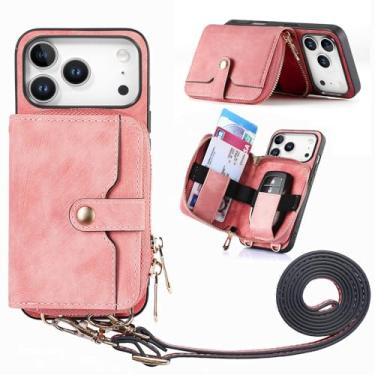 Imagem de Carteira funcional com zíper e porta-cartões, capa de couro para iPhone 17 Pro Max, 16 Plus, 15, 14, 13, 12, 11, 17air, bolsa com cordão, rosa, para iPhone 16e