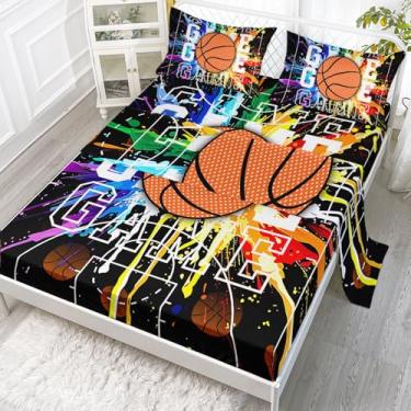 Imagem de Smell Sunshine Jogo de lençol solteiro de basquete preto, 4 peças, para adolescentes, meninos, meninas, com 1 lençol de cima e 1 lençol com elástico + 2 fronhas (solteiro de basquete preto)