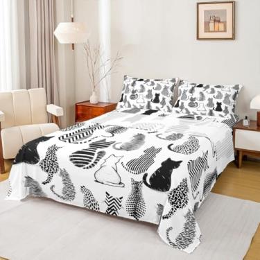 Imagem de Jogo de lençol Queen com silhueta de gato e gatinho, listrado, estampa de gato fofo (1 lençol com elástico, 1 lençol de cima, 2 fronhas) Lençóis de cama luxuosos com bolso profundo