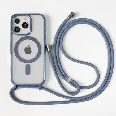 Imagem de Capa magnética para iPhone 16 Pro Max com alça de pescoço ajustável, capa à prova de choque compatível com carregamento sem fio para viagens e uso diário, azul