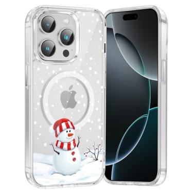 Imagem de RUMDEY Capa de celular Feliz Natal boneco de neve para iPhone 16 Pro Xmas capa magnética transparente de 6,3 polegadas, compatível com Magsafe, capa com design de padrão de inverno bonito à prova de