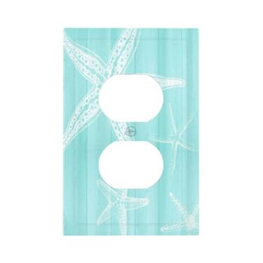 Imagem de BHGAHD Capas decorativas vintage de madeira azul estrela do mar náutica 1 gangue placa de cobertura de interruptor de luz dupla placa de parede exclusiva para decoração de quarto e casa
