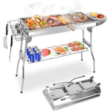 Imagem de Zorpupoa Churrasqueira portátil a carvão, churrasqueira dobrável para acampamento com prateleira de armazenamento, mesa de churrasco de aço inoxidável ao ar livre para jardim, quintal, festa