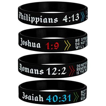 Imagem de Sainstone Pacote com 4 pulseiras de silicone com versículo bíblico cristão - Filipenses 4:13, Josué 1:9, Romanos 12:2, Isaías 40:31 - Pulseiras de escrituras religiosas, presentes de igreja, adulto